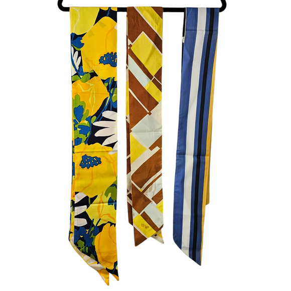 Lot 3 Vintage 1970s scarves yellow blue white brown boho retro deco - Picture 2 of 7